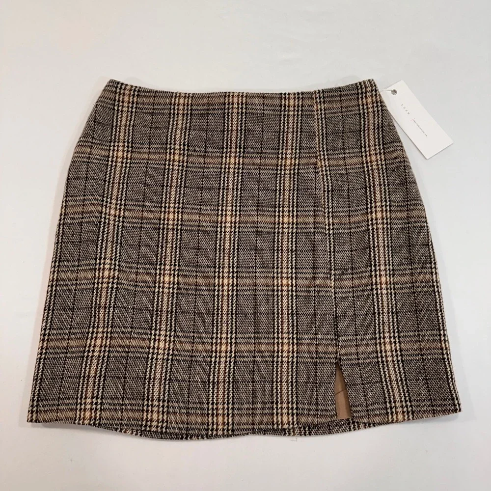Lush Plaid Mini Skirt Women‎ Size S Brown Tan Front Slit NWT | Dark Academia